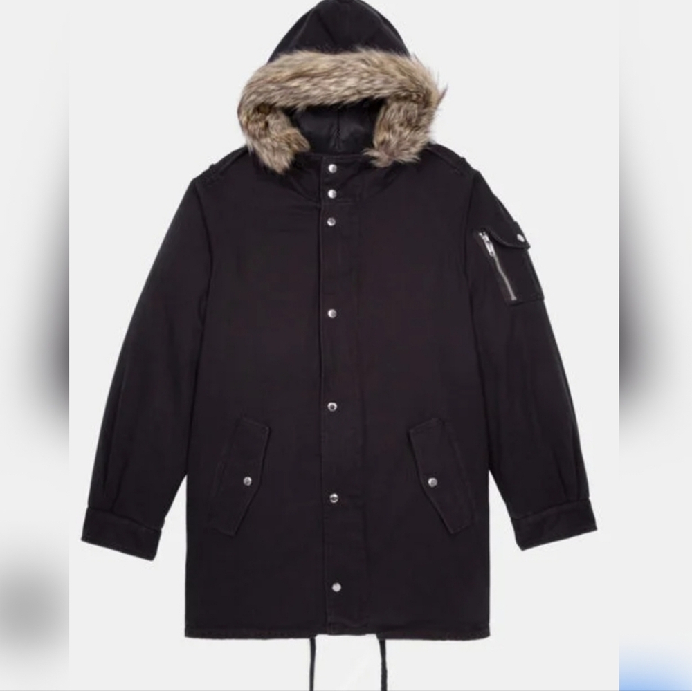 The Kooples Faux Fur Trim Hooded Parka Coat Size Small Color Black NWT